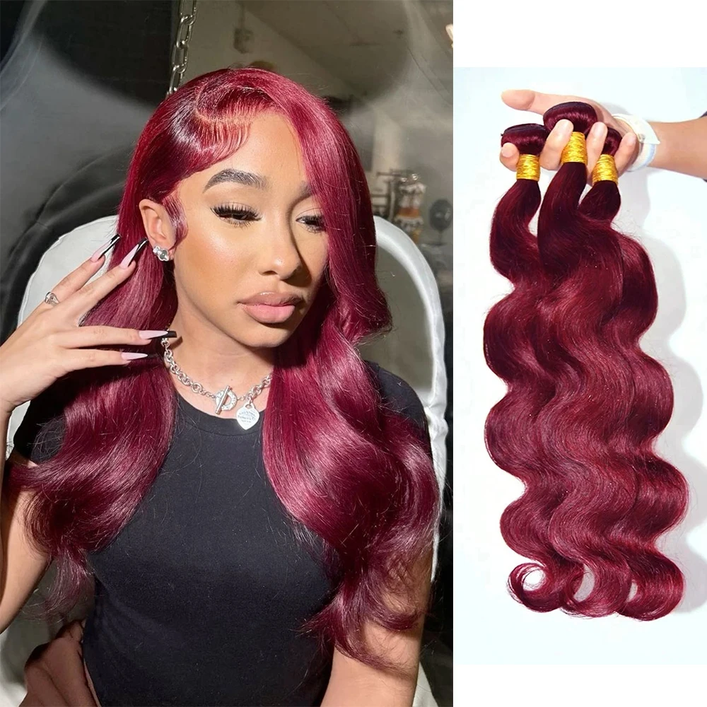 

99J Body Wave Bundles Human Hair Burgundy Colored Brazilian Remy Hair Extensions Weave 1/3/4 PCS Raw Human Hair Bundles
