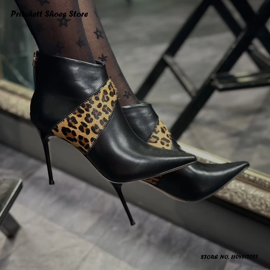 

Women's Splicing Leather Ankle Boots Back Zipper Thin High Heels Party Office Shoes Spring Autumn Elegant Pointed Toe Booties