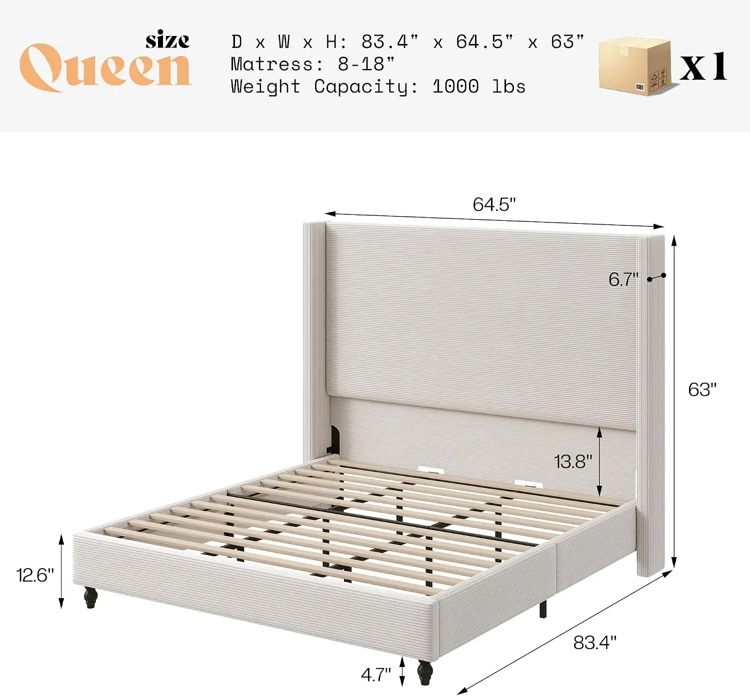 Queen Upholstered Bed Frame with 63
