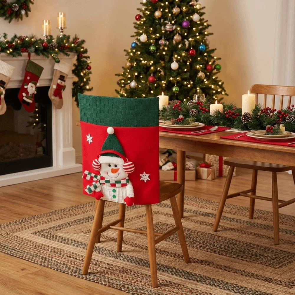 Snowman Christmas Chair Cover Elk Santa Xmas Dinner Chair Seat Cover Chair Protector Easy Application
