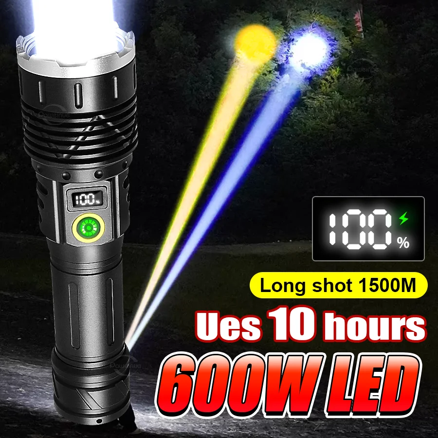 

300W*2 Dual Color Super High Power LED Rechargeable Flashlight Type-C Charging Strong Light Fishing Lantern Hand Torch Outdoor