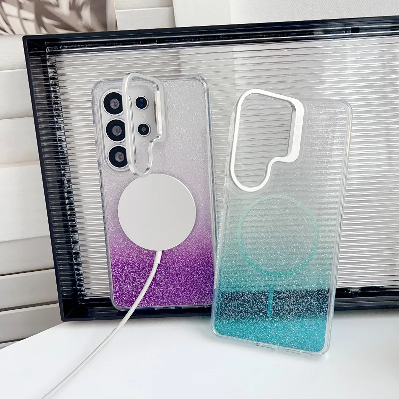 Suitable for Samsung Galaxy S25 S24 S26 Fe Ultra Plus A Series Luxury Shiny Gradient Stand Magnetic Wireless Charging Phone Case