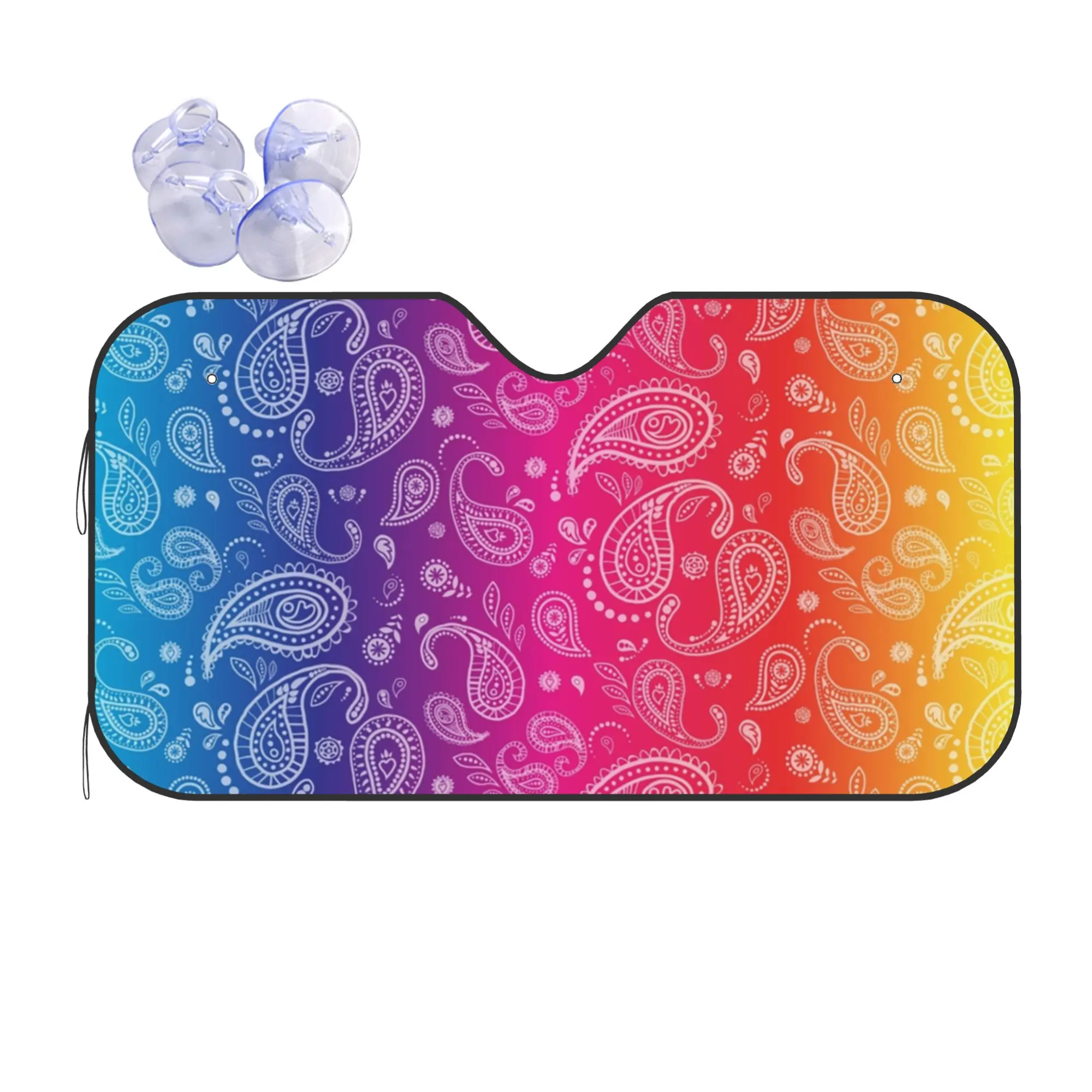 Paisley Rainbow Car Front Windshield Sun Visor UV Protection Car Sun Shade Bohemian Floral Style Aluminum Foil Car Sunshade