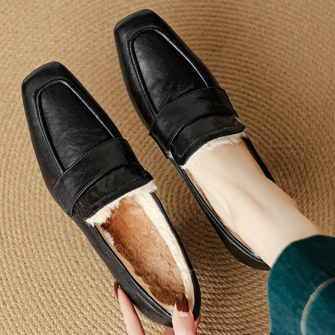 

Women's sheepskin square toe warm plush inside slip-on winter pumps 5.5cm thick med heel OL style dress heels shoes for woman