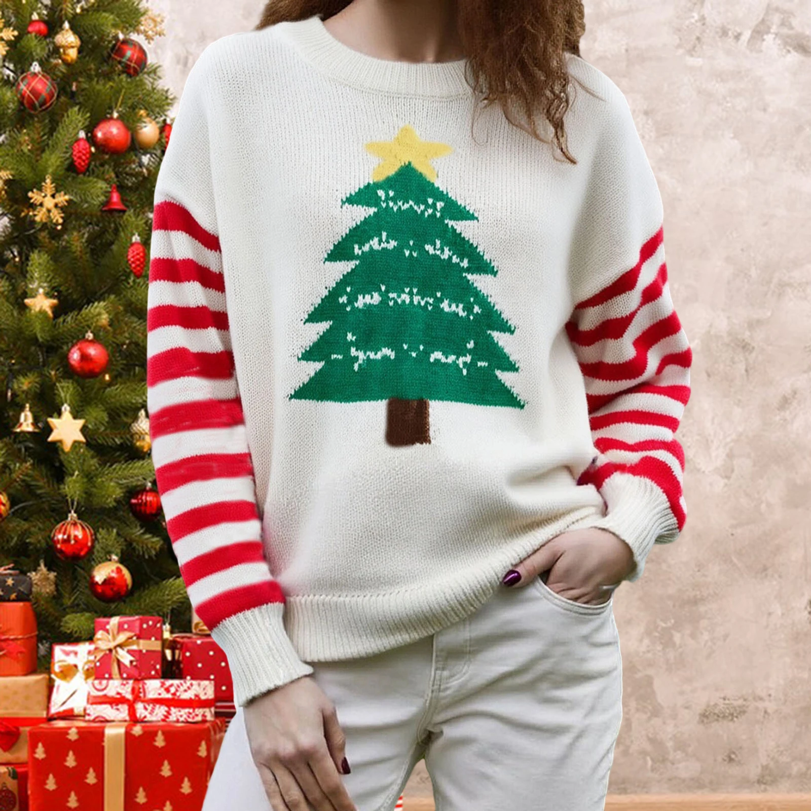 

Women's Christmas Knit Sweater Long Sleeve Round Neck Christmas Tree Print Knitwear Fall Winter Pullover Tops
