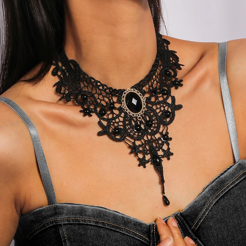 Gothic Victorian Black Lace Necklace for Women Water Drop Sexy Lace Choker Necklace Steampunk Collar Vintage Statement Jewelry