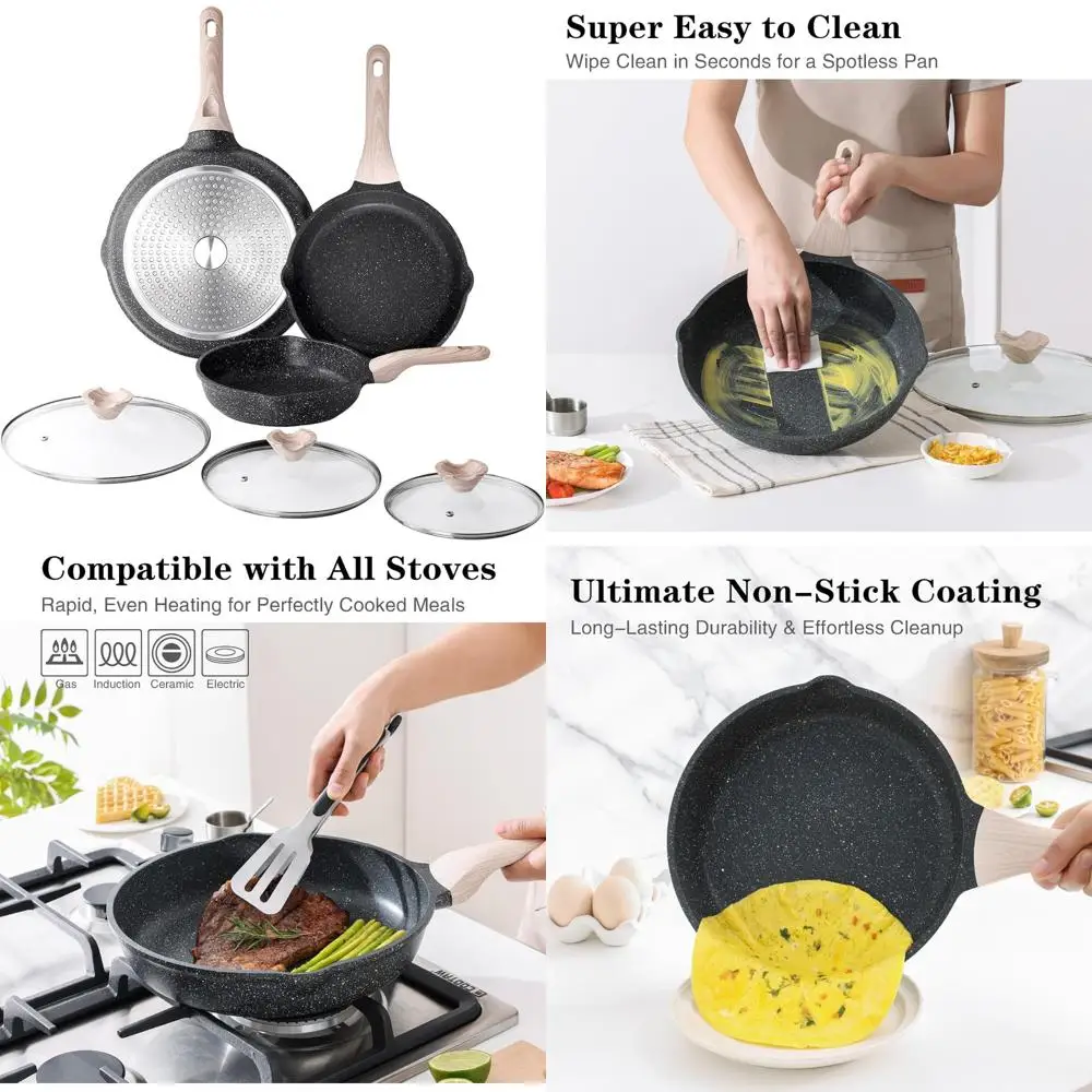 

Набор сковороды с антипригарным покрытием из 3 предметов с крышками, здоровая индукционная посуда, ручки Stay-Cool, совместимые со всеми типами плиты, длинный баллон