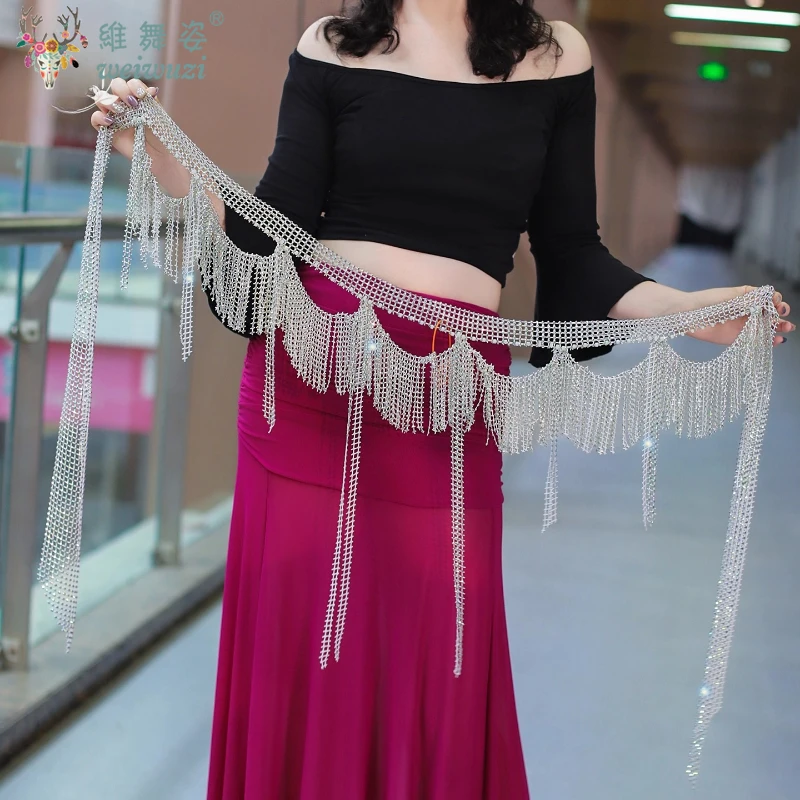Belly Dance Fringe Belt Women Advanced Luxury AB Bright Diamond Wave Tassel Hip Scarf Adult Oriental Dance Practice Accessories