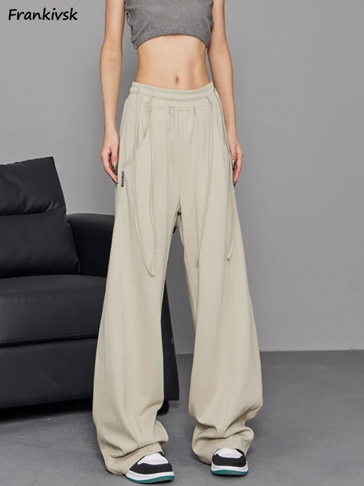 Lace-up Wide Leg Pants Women Simple Hipster Thin Summer Japanese Style Minimalist Slouchy All-match Basics Loose Fashion Solid