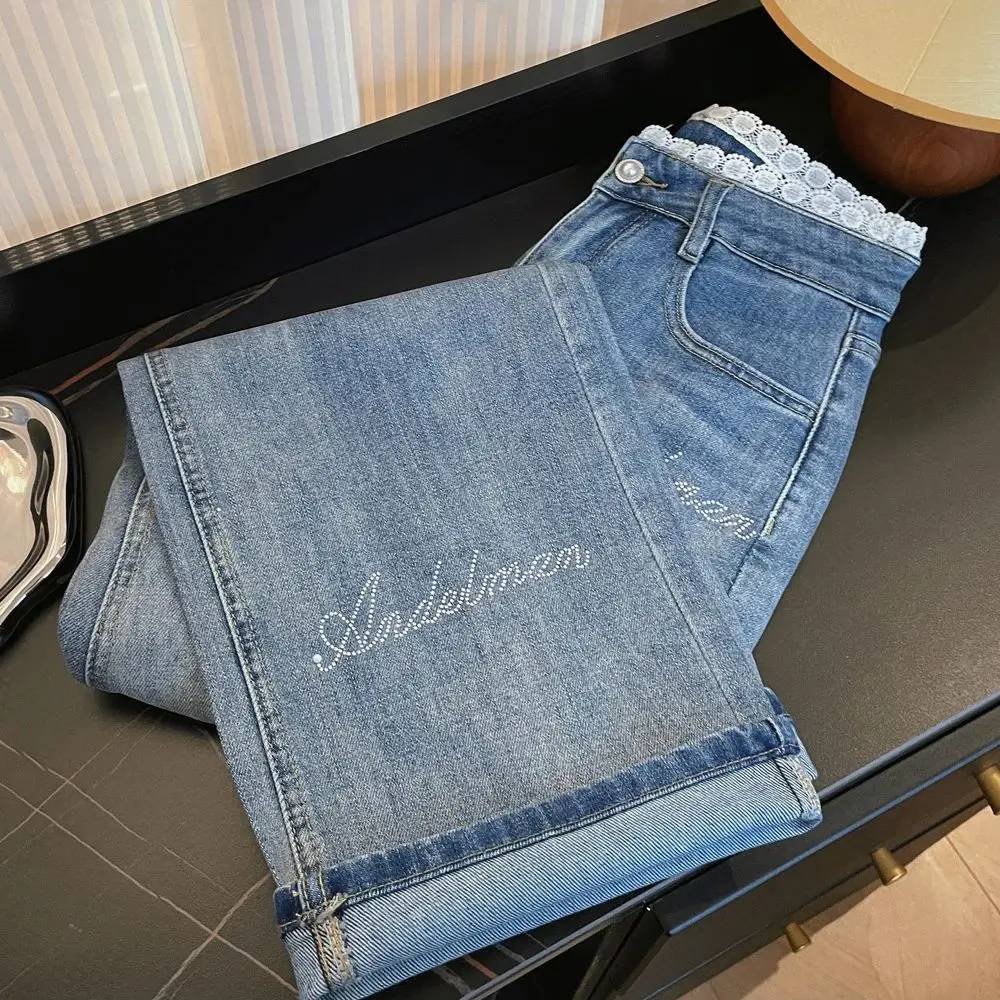 Letter Diamond Blue Jeans for Women Trendy Lace Patchwork High Waist Rivet Denim Pants Streetwear Straight-Leg Full Trousers