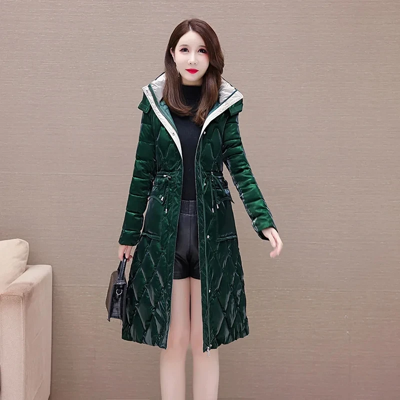 2024 Winter New Glossy Down Cotton Jacket Women\'s New Slim Thicken Hooded Coat Fashion Female Long Warm Padded Parkas Overcoat