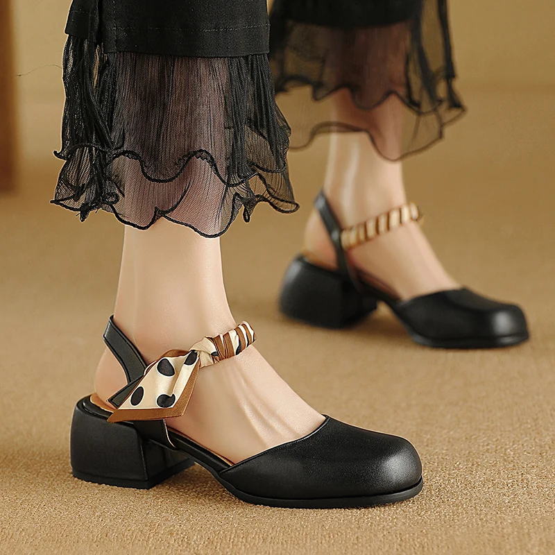 2024 Lolita Sweet Ribbon Ankle Strap Student Cute Mary Jane Shoes Women's Round Toe Block Heels Back Empty Casual Pumps Footwear