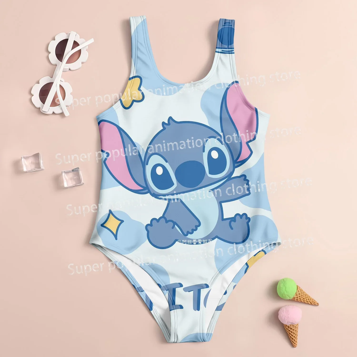 

Stitch Cartoon Swimwear 2025 3D Print Girls Kids Polyester Quick-Dry UV Protection Summer Beach Cute Fashion Set Parent-child