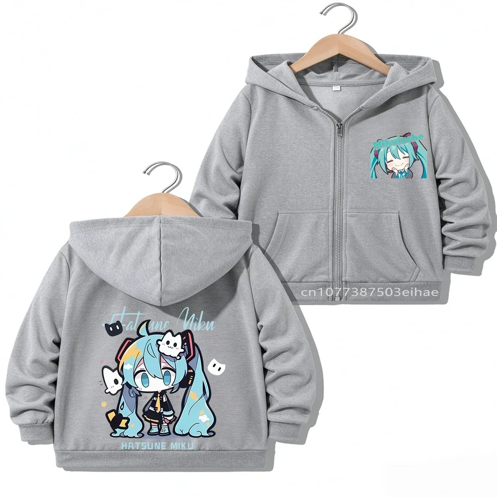 Kids Girls Hatsune Miku Anime Figure Overcoat Spring Autumn Outerwear Lovely Cartoon Printed Zipper Casual Children Jacket Tops