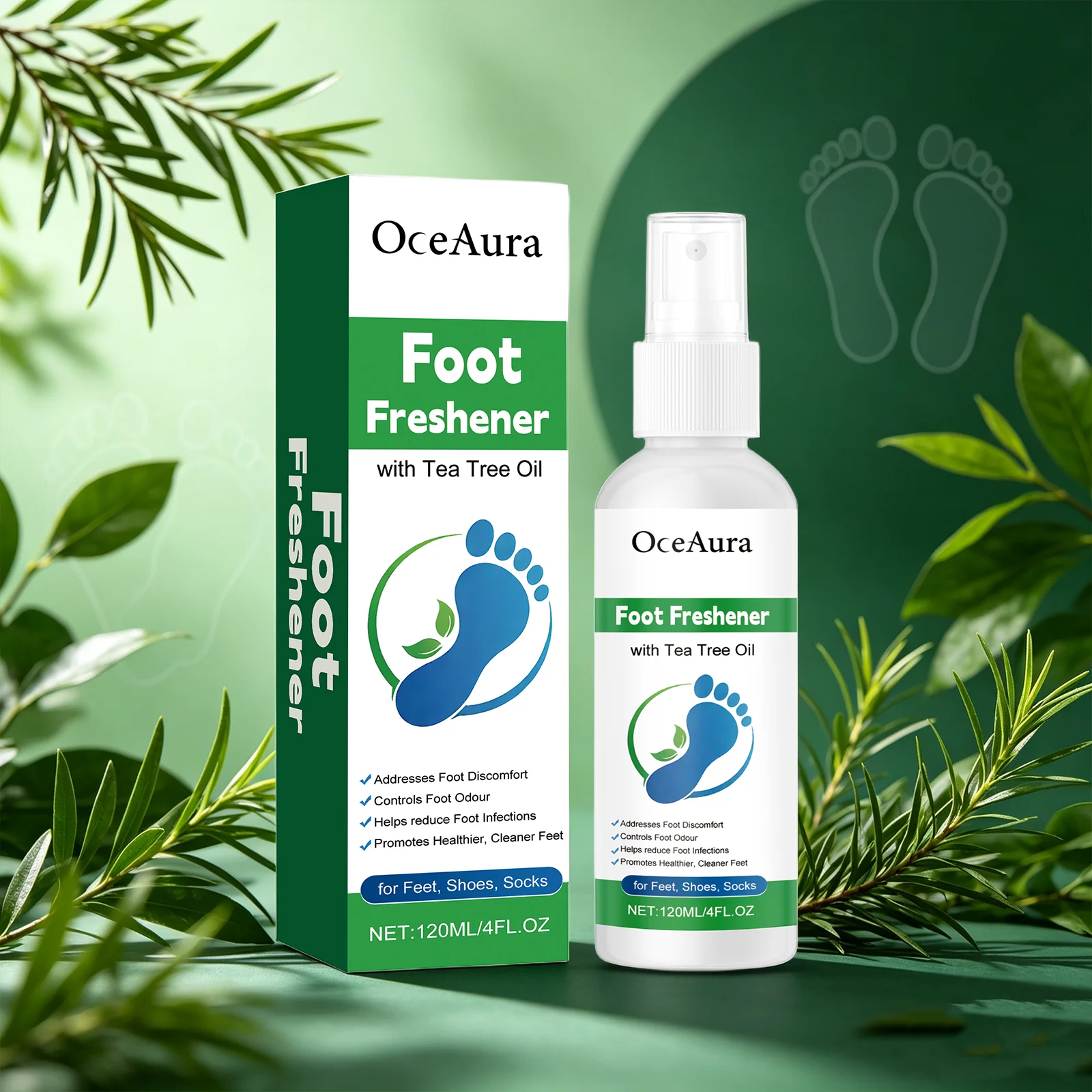 OceAura Foot Freshener Spray with Tea Tree Oil Deodorizing Sweat Absorbing Odor Eliminating Moisturizing Refreshing Foot Spray