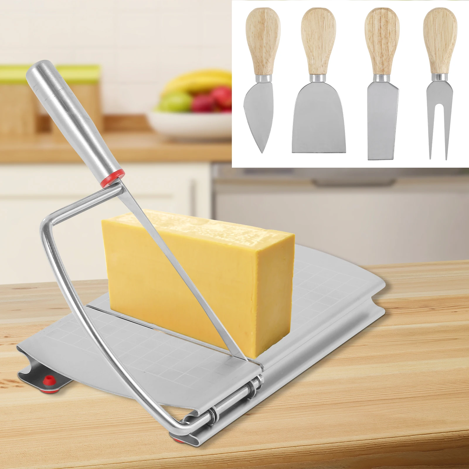 Cheese Slicer Stainless Steel Cheese Cutter with 4 Cheese Knives Multipurpose Cheese Cutter Board with Scale Nonslip Cheese