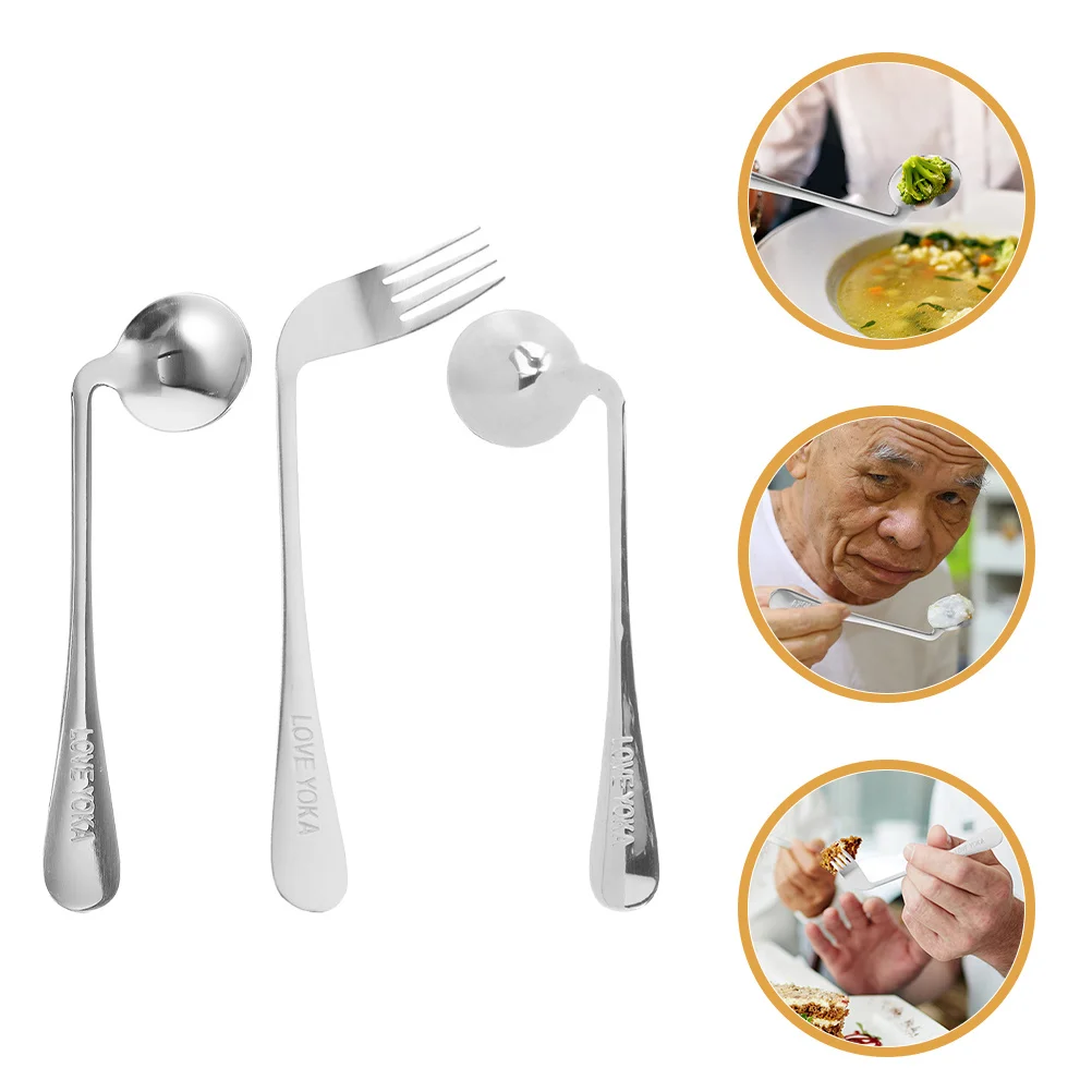 

1Set Lefty Angled Spoon and Fork Set Stainless Steel Ergonomic Design Feeding Aid for Elderly Disabled Patients Self-Feeding