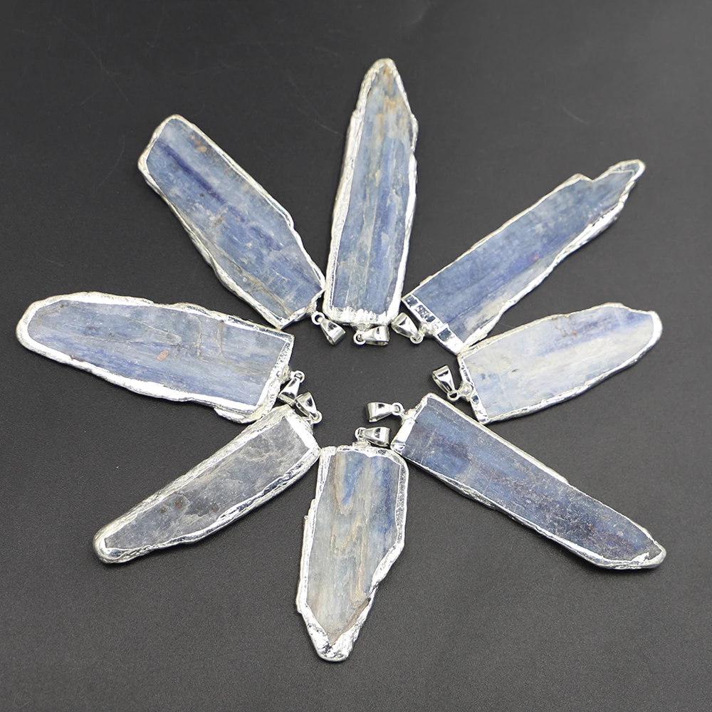 

Natural Kyanite Irregular Raw Ore Pendants Rough Stone Silver Plated Edge Sweater Chain Mineral Crystal Specimen Necklace 8Pcs