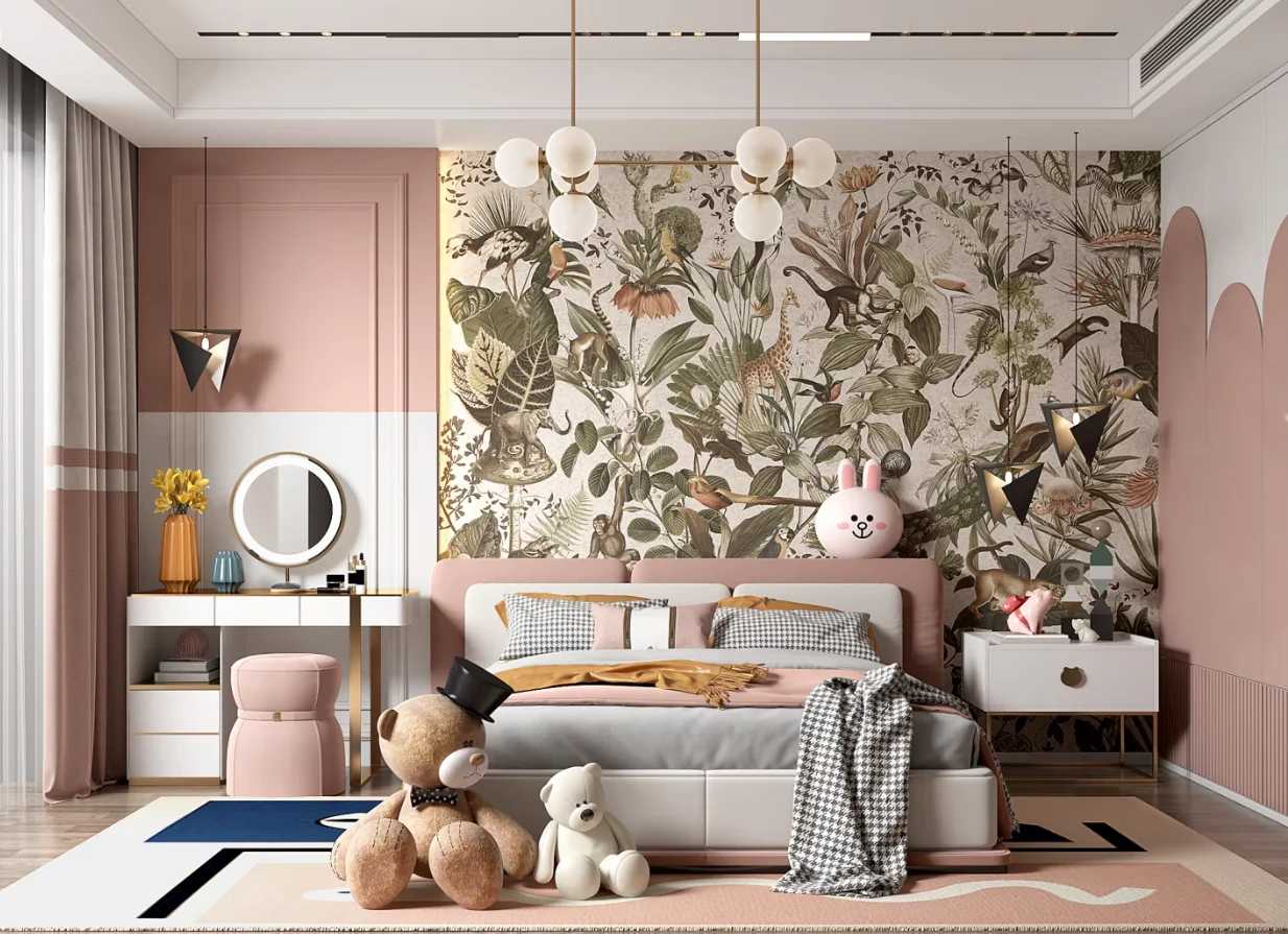 Cartoon children's room hand-painted forest animal wallpaper home decoration pink fox white rabbit, deer animal decoration mural