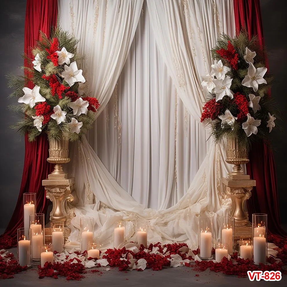 Flowers White Curtain Backdrops For Valentine's Day Candlelight Romantic Interior Window Snow Outside Love Backgrounds Supplies