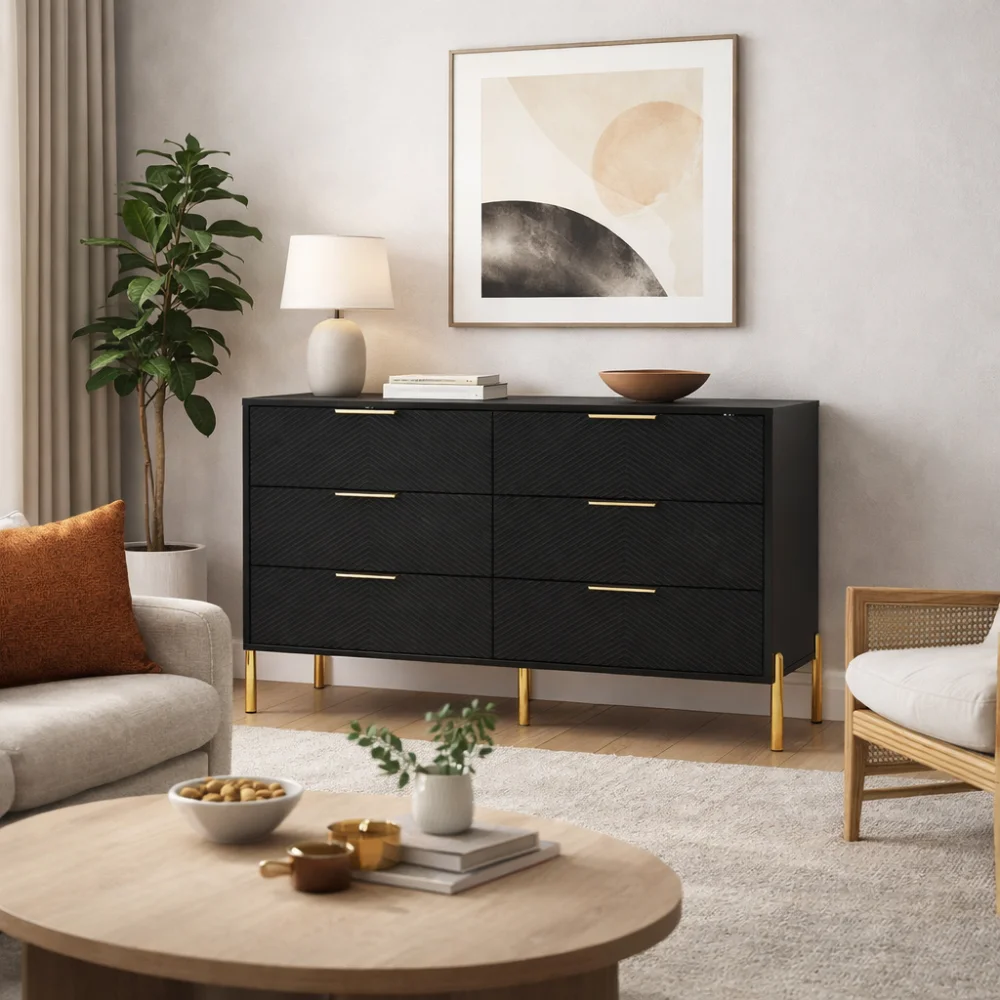 

Modern 6-Drawer Dresser: Wide Wooden Chest, Large Storage Organizer for Bedroom/Living/Hallway/Closet (Black)