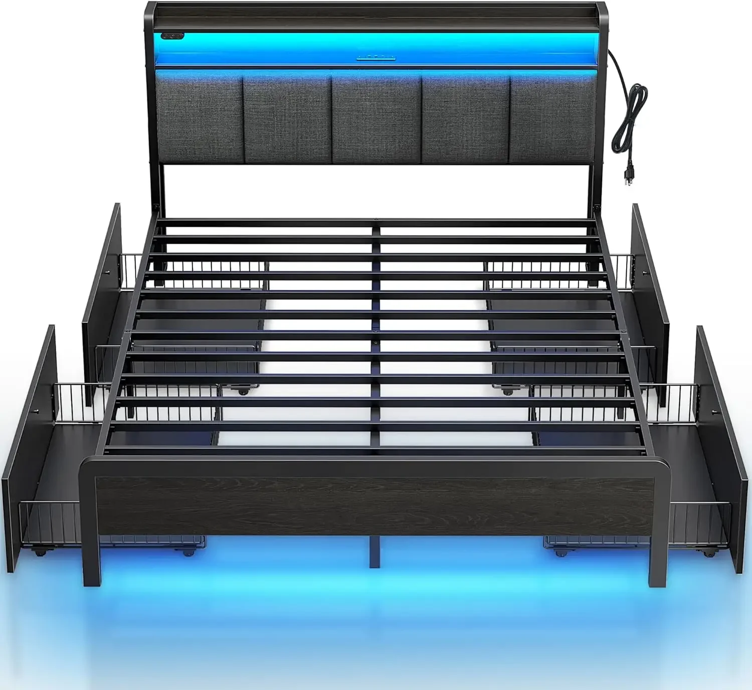 Bed Frame Queen Size with Charging Station and LED Lights Upholstered Storage Headboard with Drawers Heavy Duty Metal Slats