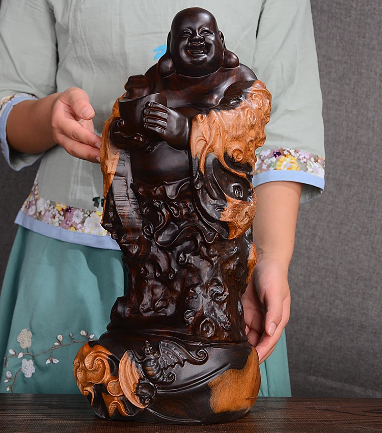 Large GOOD HOME SHOP Spiritual Mascot Standing Maitreya Mammon wealth God FU Buddha Handmade Ebony Wood carving ART statue