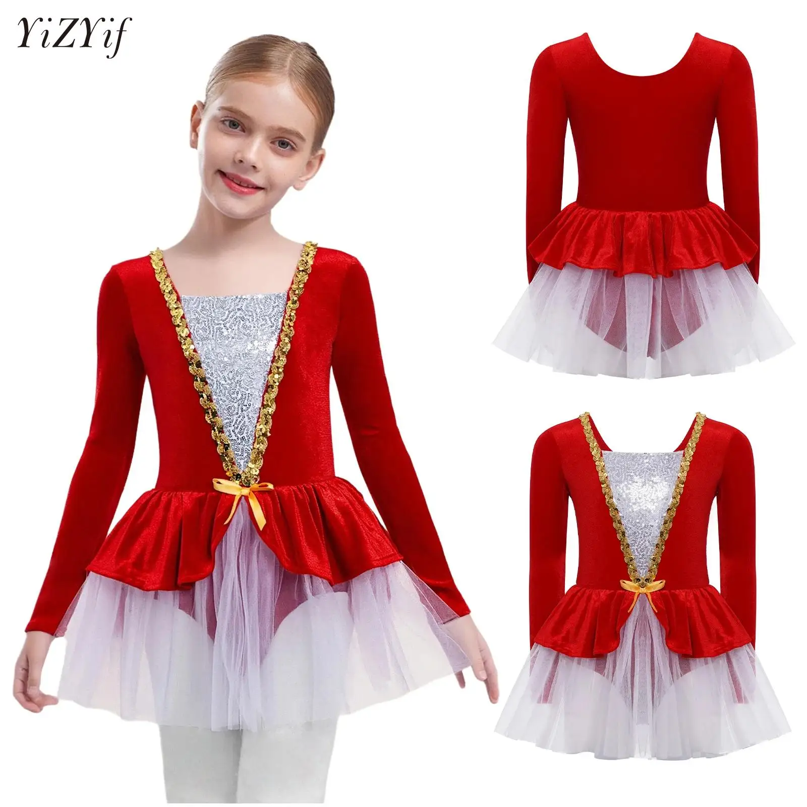 

Kids Girls Christmas Swan Dance Competition Costume Long Sleeves Sequins Velvet Mesh Tutu Ballet Leotard Figure Skating Dress