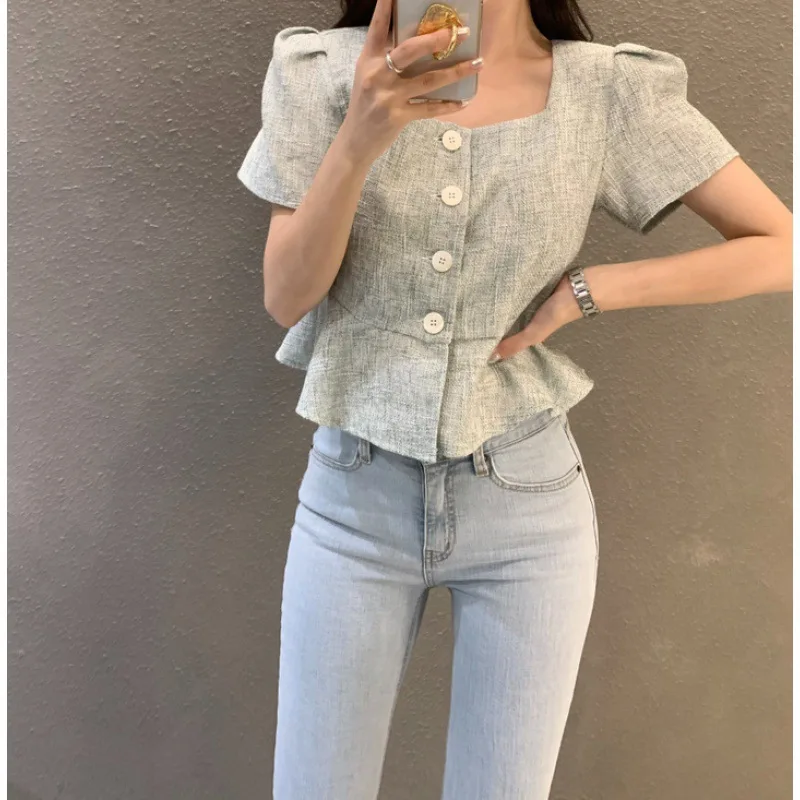 Temperament Square Neck Short Sleeved Ruffled Edge Pink Tweed Small Jacket Top Blouses 2024 Shirts for Women Summer Blusas