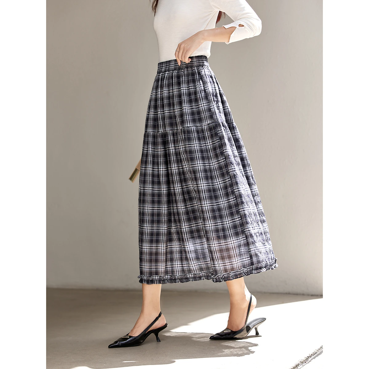 VIMLY المرأة خمر منقوشة تنورة 2025 الخريف التنانير خمر غير رسمية تصميم ميدي تنورة تخفيف كشكش ألف خط الإناث تنورة A2980