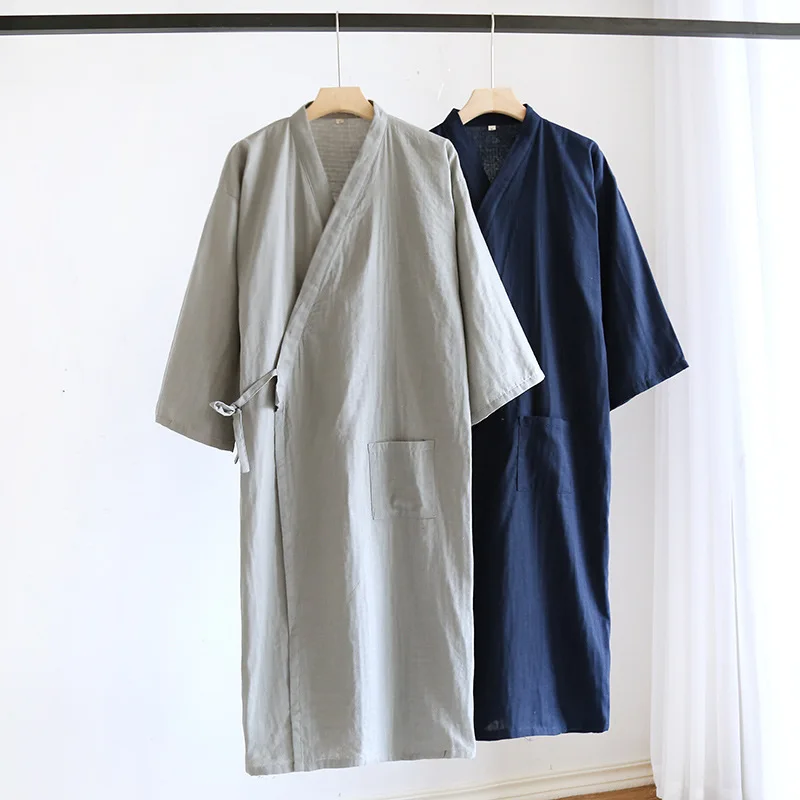 

Japanese 100% Cotton Gauze Spring Summer Thin Men Large Size Nightgown Cotton Loose 100kg Bathrobe Steam Hot Spring Clothing
