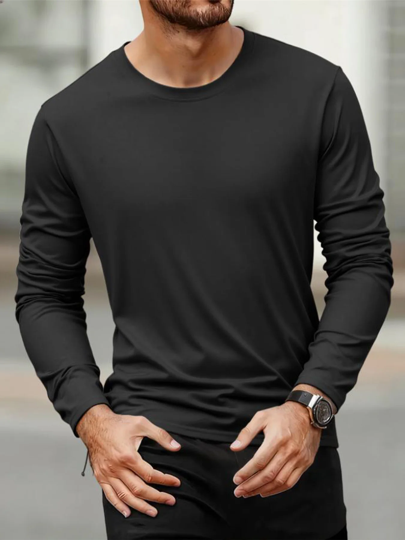Langarm-T-Shirts für Herren, lässig, Rundhalsausschnitt, feuchtigkeitsableitend, T-Shirts für Herren, Tops, sportlich, bequem, vielseitig, Herren-T-Shirts – Detail 16