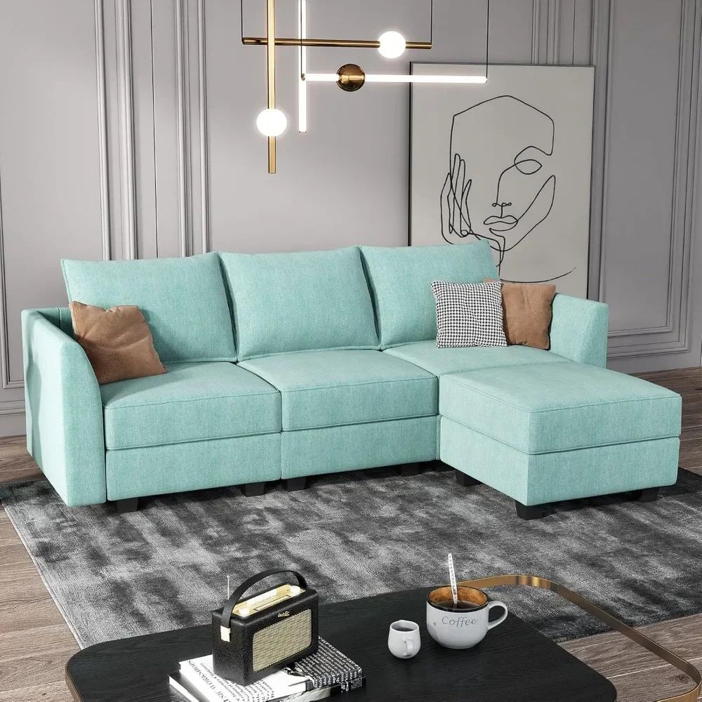 HONBAY Reversible Sectional Sofa Couch, Modern Apartment L-Shaped Couch Modular Sectional Sofa with Storage, Aqua Blue