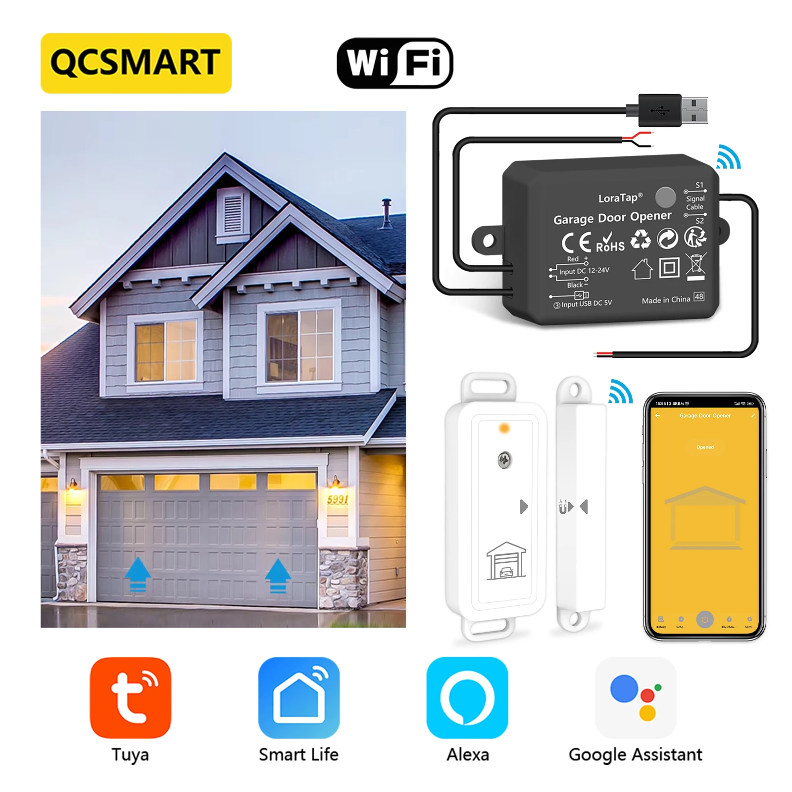 Tuya Smart Life WiFi Garage Door Opener Switch Controller with Wireless RF Sensor Alert Google Home Alexa Echo App Voice Control