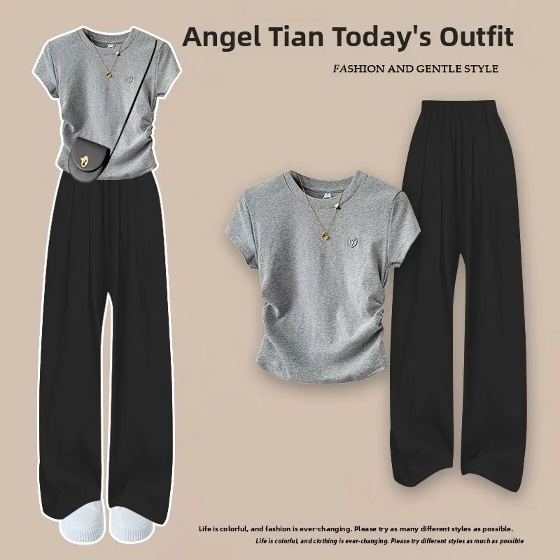 

Women's Summer Casual Short Sleeve T-Shirt Top Set Elastic Waist Slimming Wide Leg Pants Two Piece Set Fashionable Ensemble