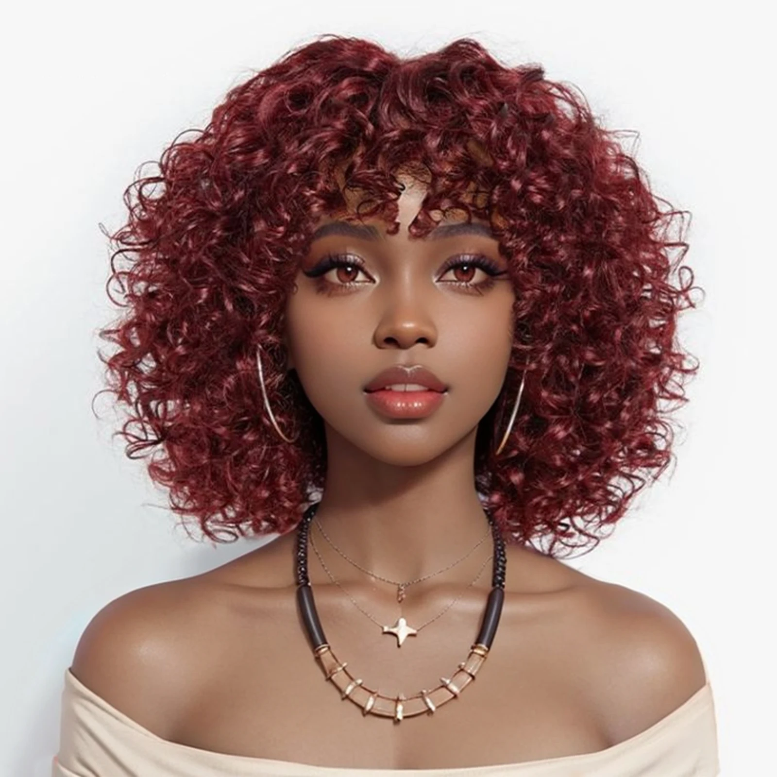 14インチ バーガンディレッド ディープウェーブ人毛ウィッグ 前髪付き フルマシンメイド カールショートボブウィッグ 100%レミーピクシーカットウィッグ 女性用