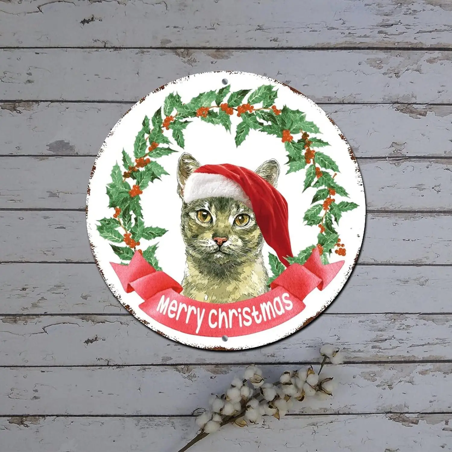 Red Truck Wreath Sign Vintage Cat with Santa Painting Hat Holly Wreath Round Metal Tin Sign Christmas Decorations for Cabinets R