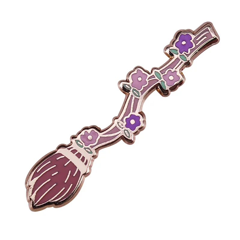 

Magic Flowers Broom Enamel Pin Witch Magical Tool Brooch Halloween Great Addition Witch's Broom Nebula Art Badge Pink