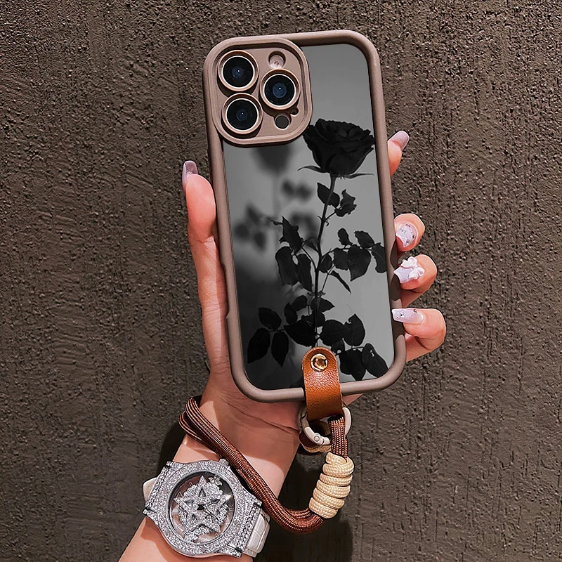 Schwarzes Rosen-Lanyard-Handyband für iPhone 15 16 17 Pro Max 14 13 12 11 Pro Plus XS XR Stoßfeste Matte Silikonhülle – Detail 4