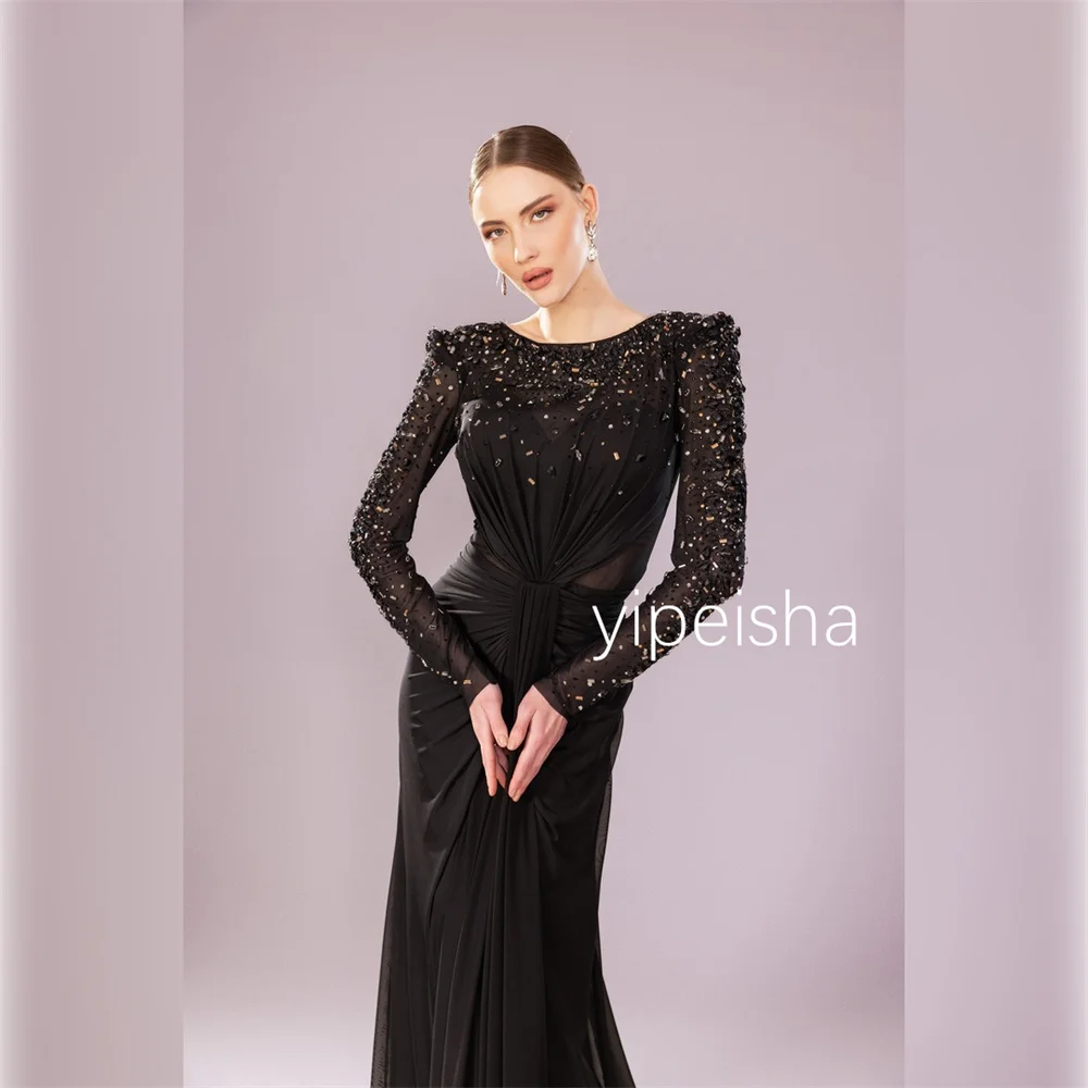Exquisite Pleated Sequined Long Evening Dress - close-up view