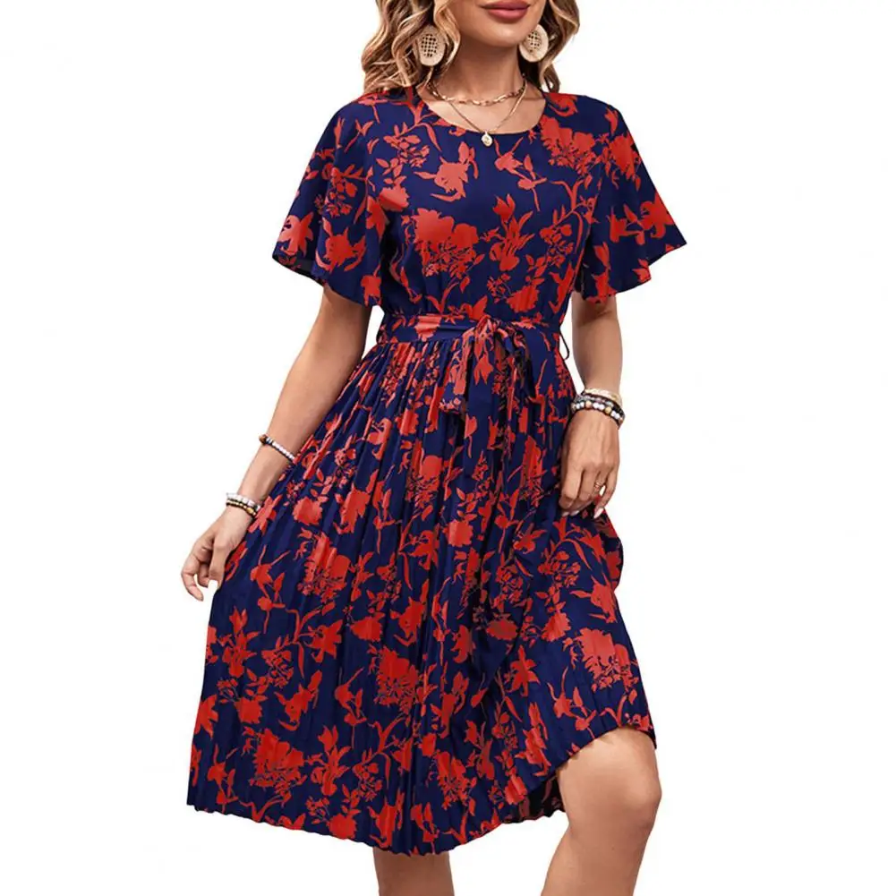 

Summer Dress Round Neck Contrast Color Floral Print Short A-line Lace-up High Tight Waist Hem Knee Length Midi Dress