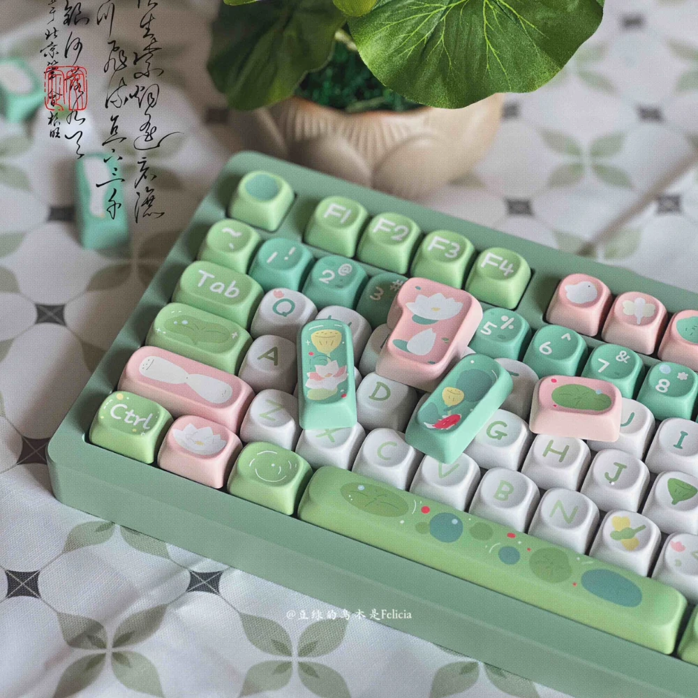 Imagem -02 - Moa Green Lotus Keycap Boa Sorte Lotus Theme Pbt Altura Teclado Mecânico Bonito Personalizado Sublimação Branco