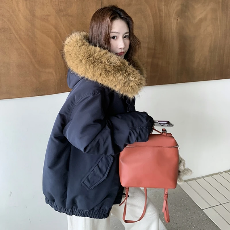 

Raccoon Fur Collar Hooded Down Cotton Padded Jackets 2025 New Tooling Cotton Jacket Loose Winter Women's Parka Commute Coats