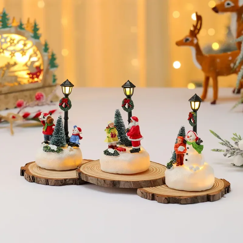 New LED Christmas Resin Decorations Small House Street Lamp Ornaments Holiday Home Decor Festive Gifts for Family Friends