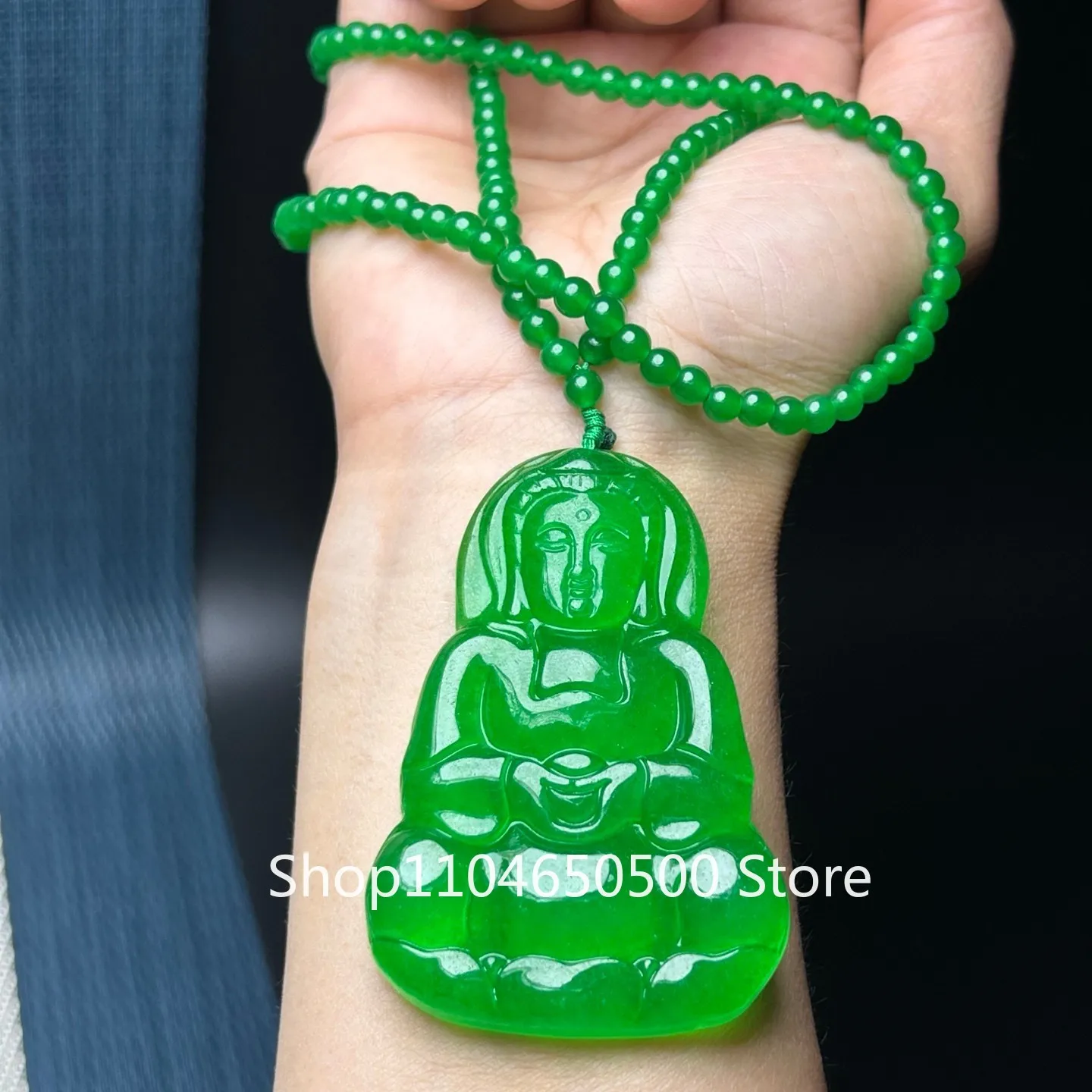 

Certified Natural Ice Green Jade Jadeite Carved guanyin Pendant&Necklace