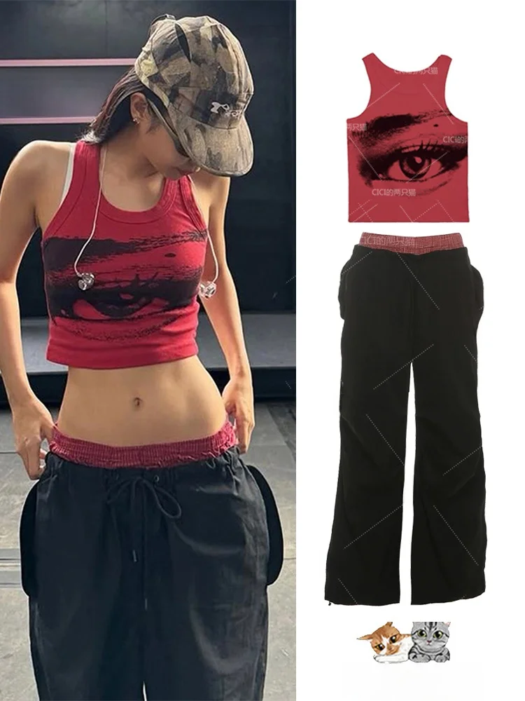  Jennie Printed Loose Wide Leg Pants And Vest Hot Girl Short Top Polyester Fabric City Walk Daily Wear for Ladies