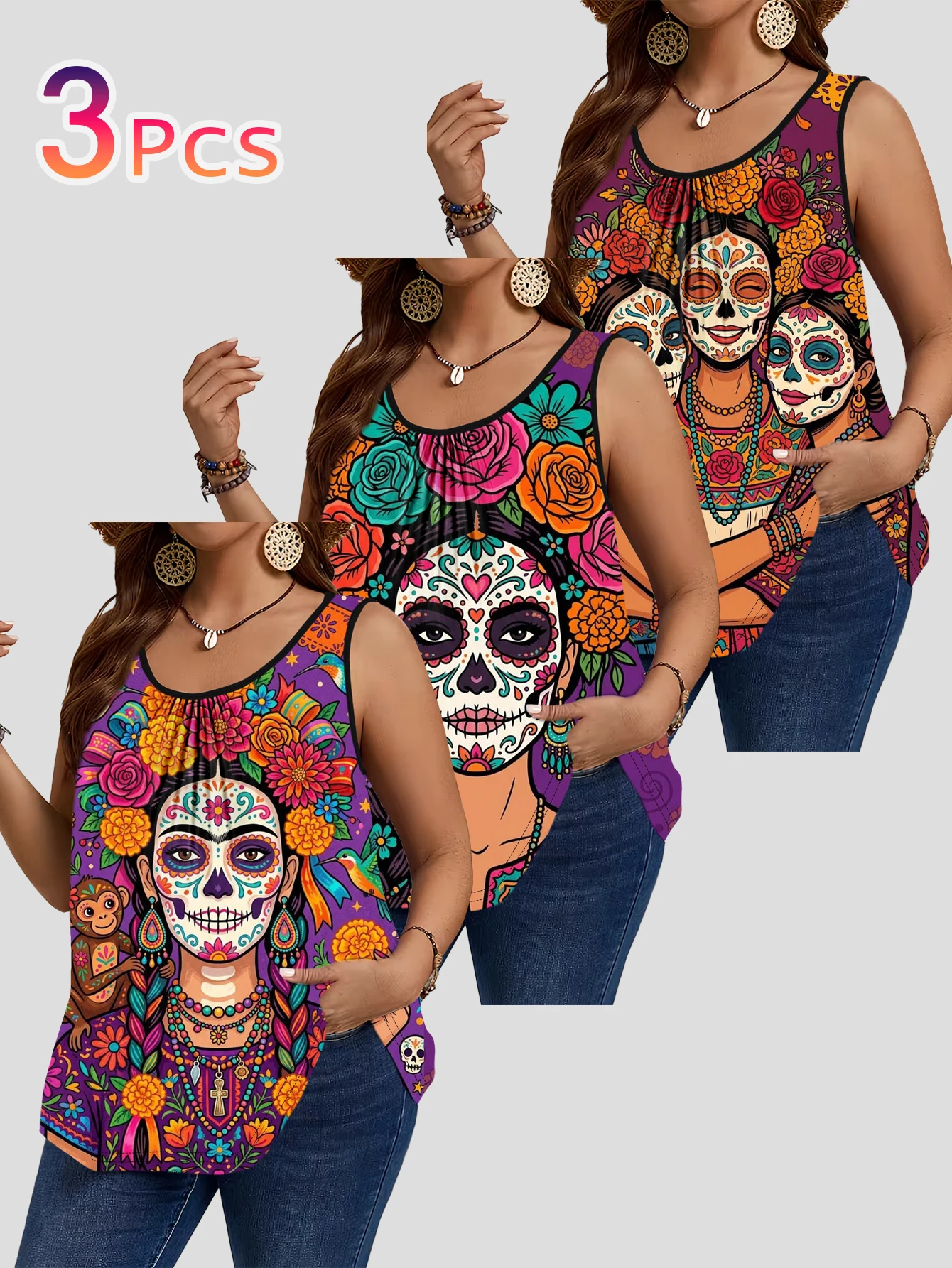 3-Piece Set of Plus-Size Women's Clothing with Mexican Day of the Dead Colorful Sugar Skull Floral Print Tank Top, Round Neck Ruched Loose Sleeveless Top
