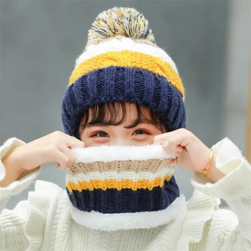 Girl Winter Stripe Beanies Hat Scarf Set Child Braided Cable Knit Pom Pom Hat And Ring Scarves Kids Warm Cap 4-12T Wear Pink