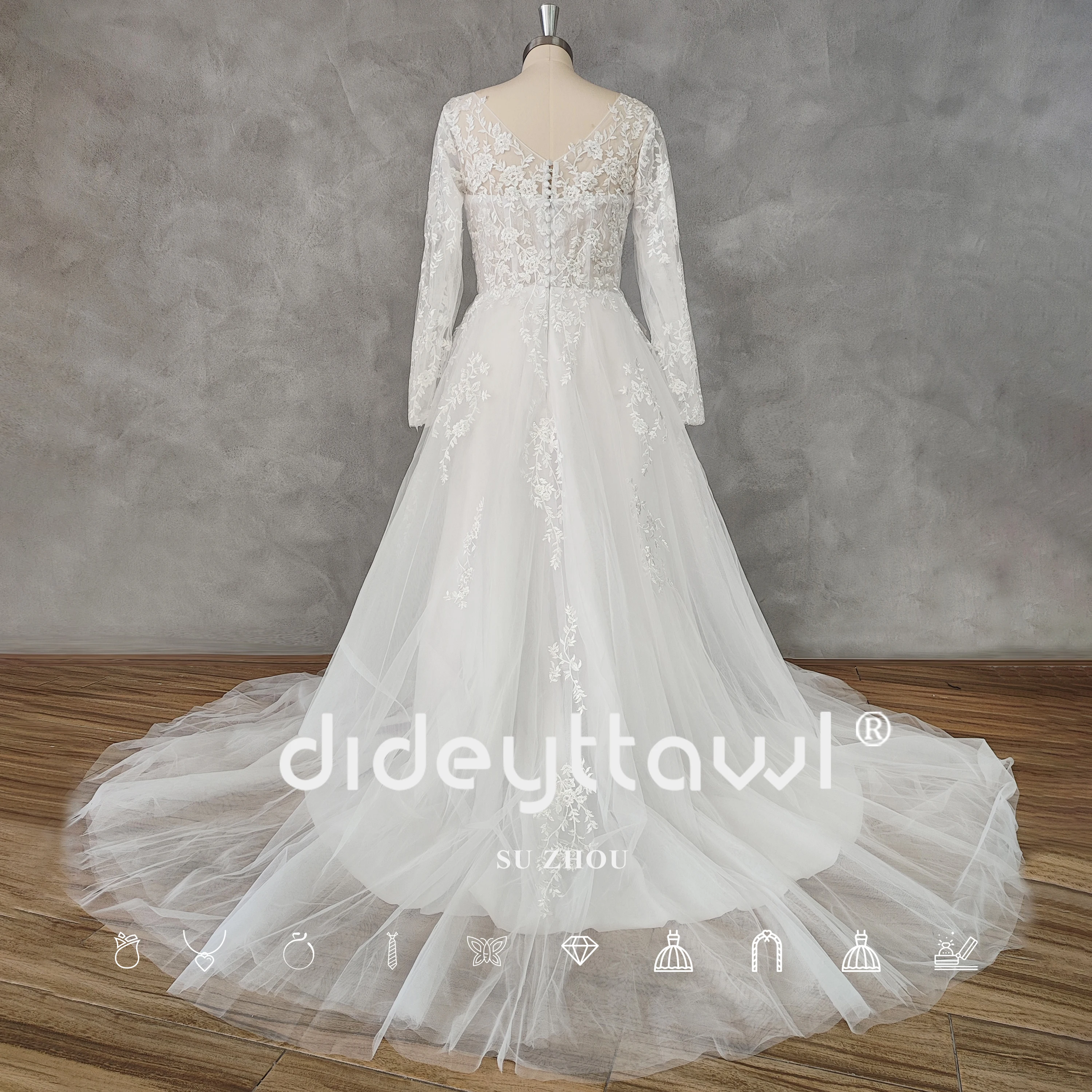 DIDEYTTAWL Real Picture Long Sleeves V-Neck A-Line Wedding Dress For Women Tulle Zipper Back Appliques Court Train Bridal Gown