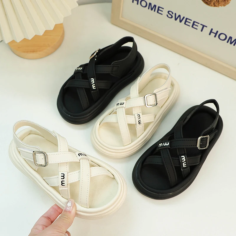 Girls open toe sandals Cross strap Roman shoes 2024 summer new children's sandals girls fashion beach shoes